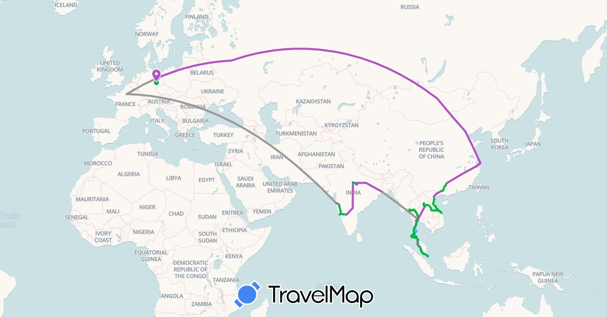 TravelMap itinerary: driving, bus, plane, train, boat in China, Germany, France, India, Laos, Myanmar (Burma), Mongolia, Malaysia, Russia, Singapore, Thailand, Vietnam (Asia, Europe)